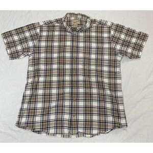 Woolrich Plaid Shirt Mens XL Long Beige Blue Short Sleeve Button Up